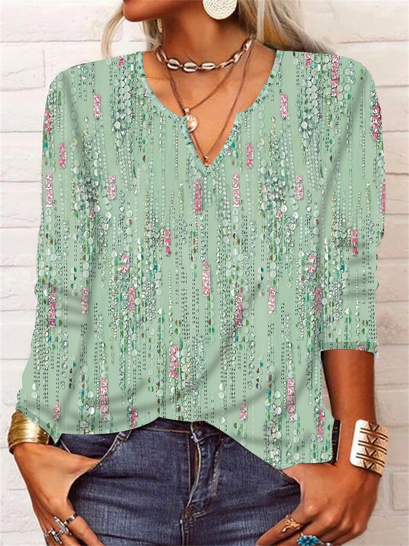 2025 Spring Loose Long Sleeve Flower Mang V-neck T-shirt Base Shirt Women's Wear - Image 1