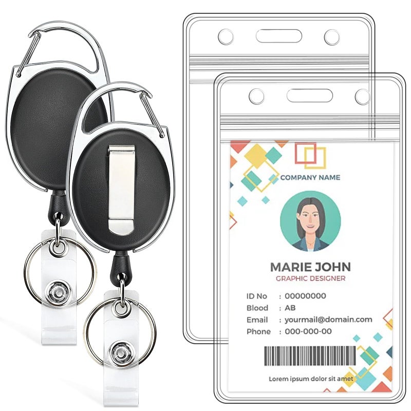 koorito 2 Pack ID Badge Holder with Retractable Badge Reel Clear Vertical ID Card Holder with Heavy Duty Carabiner Badge Reel with 24 Inches Pull Cord - Image 1