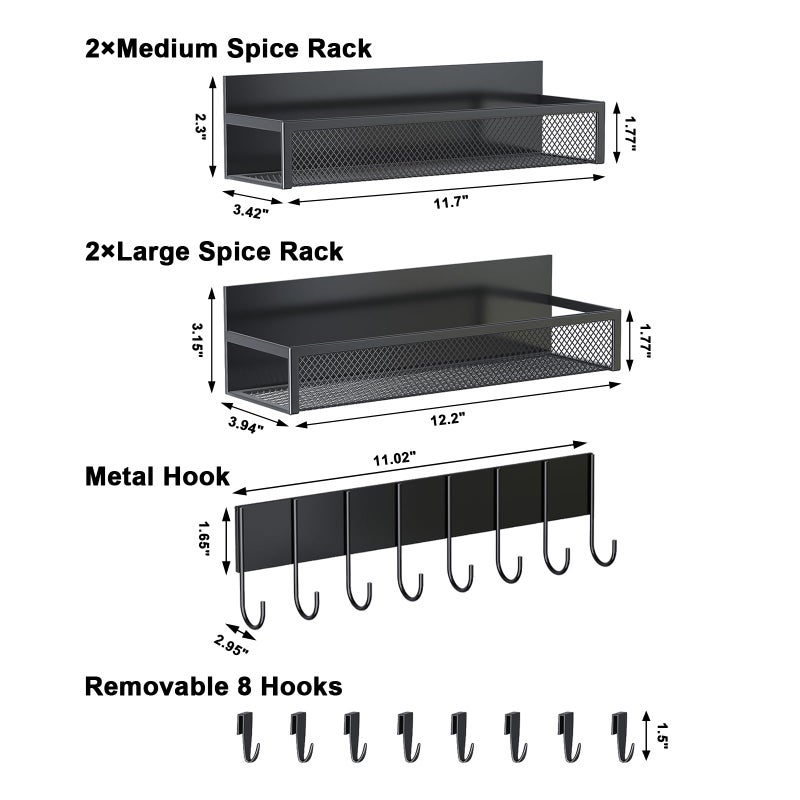 Aufworld Magnetic Spice Rack for Refrigerator, 5 Pack Magnetic Shelf, Moveable Magnetic Fridge Organizer with an 8-Hook Rack, Seasoning Organizer for Kitchen Organization (Extra with 8 Hooks) - Image 2
