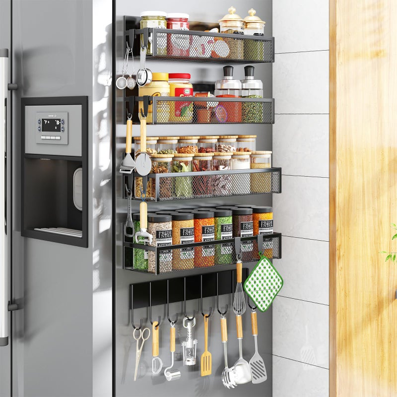 Aufworld Magnetic Spice Rack for Refrigerator, 5 Pack Magnetic Shelf, Moveable Magnetic Fridge Organizer with an 8-Hook Rack, Seasoning Organizer for Kitchen Organization (Extra with 8 Hooks) - Image 1
