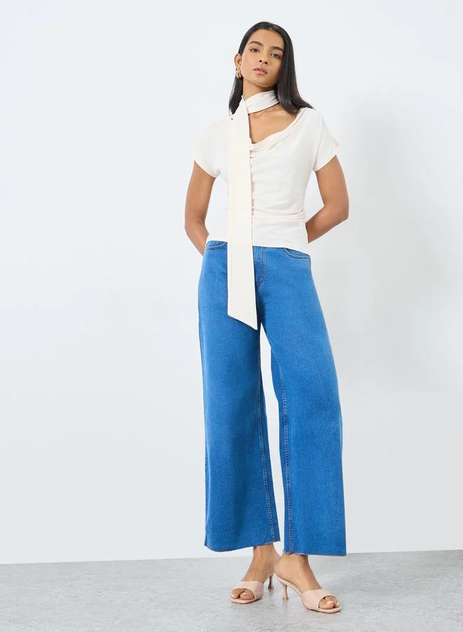 Take Two Take Two Beige Cowl Neck Blouse with Scarf Detail