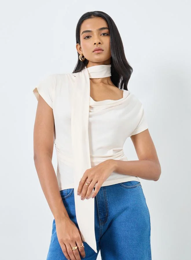 Take Two Take Two Beige Cowl Neck Blouse with Scarf Detail