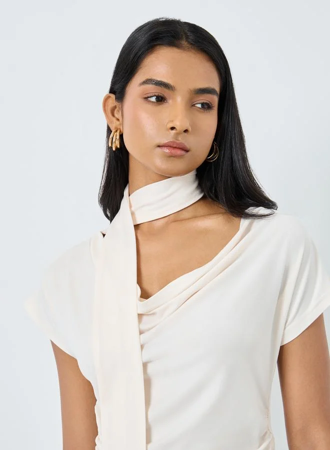 Take Two Take Two Beige Cowl Neck Blouse with Scarf Detail