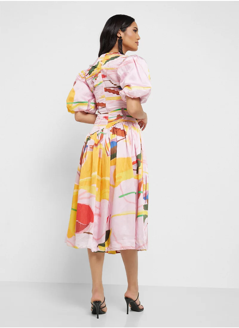 ثريدز باي اجوني Balloon Sleeve Printed Cutout Dress