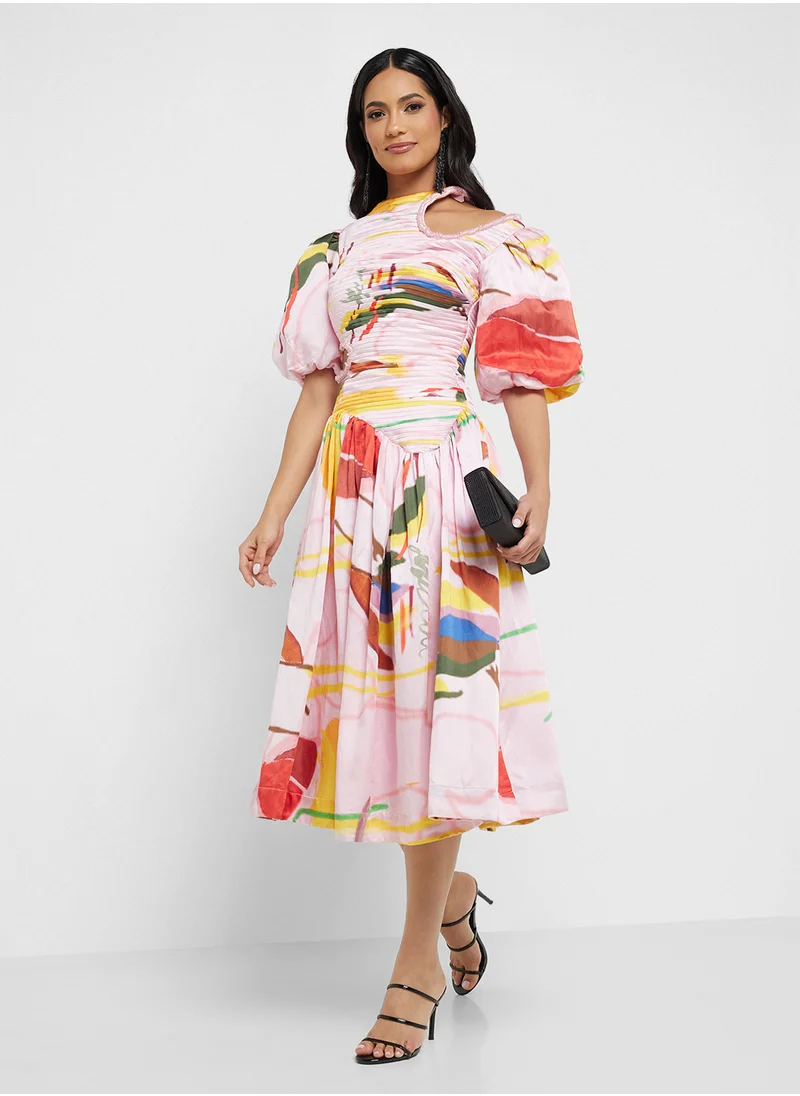 ثريدز باي اجوني Balloon Sleeve Printed Cutout Dress