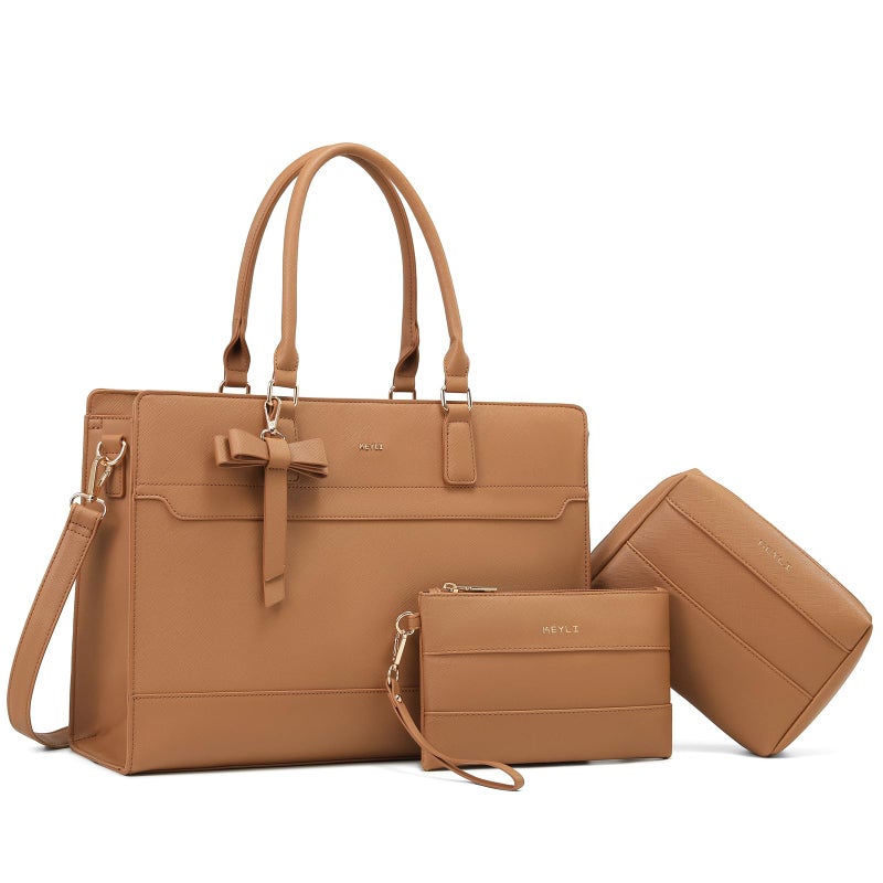 Keyli Laptop Bag Sets Work Bags for Women156 Inch Laptop Tote Bag Purses Waterproof Vegan Leather Computer Briefcase Professional Business Shoulder Handbags for Teacher Office Travel Brown - Image 2