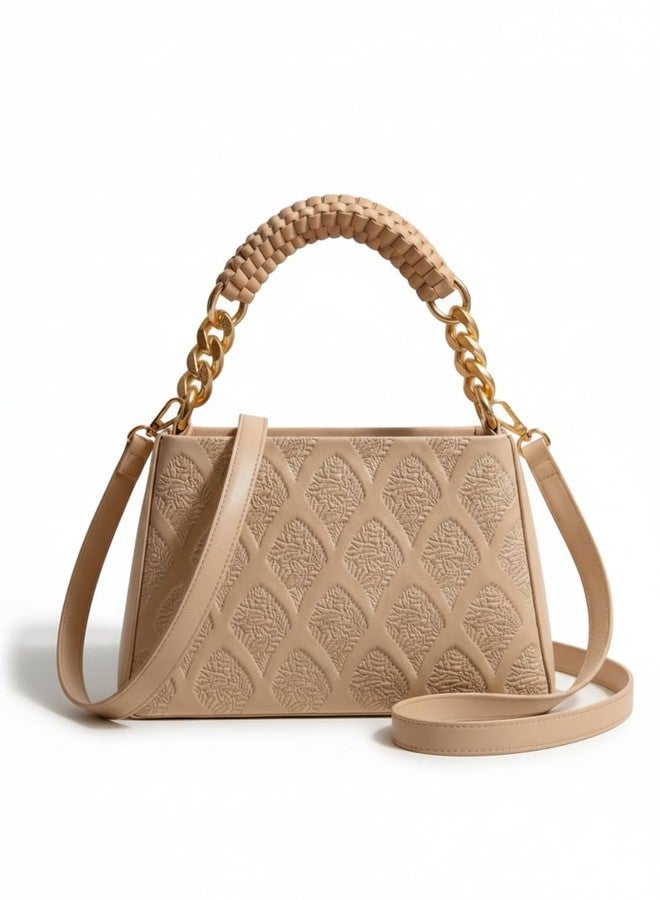 LIKE STYLE Women’s Embossed PU Sling Bag | Dual Compartment Shoulder & Crossbody Bag with Braided Handle | Stylish Handbag for Office & Casual Use (Beige) - Image 1