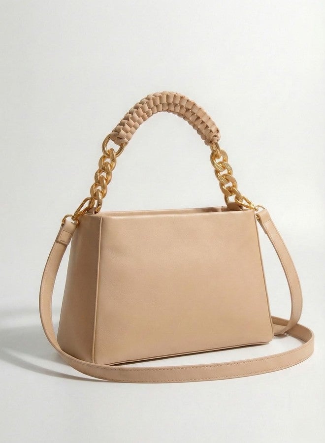LIKE STYLE Women’s Embossed PU Sling Bag | Dual Compartment Shoulder & Crossbody Bag with Braided Handle | Stylish Handbag for Office & Casual Use (Beige) - Image 2