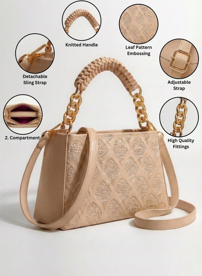 LIKE STYLE Women’s Embossed PU Sling Bag | Dual Compartment Shoulder & Crossbody Bag with Braided Handle | Stylish Handbag for Office & Casual Use (Beige) - Image 5