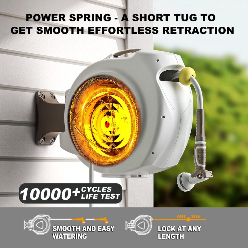 AQUAZILLA Retractable Garden Hose Reel, 5/8 in 65+6 ft, Heavy Duty Wall Mounted Water Hose Reel, Spring Power Automatic Rewind, Any Length Lock, 180Â° Swivel Bracket, 10 Pattern Spray Nozzle - Image 3