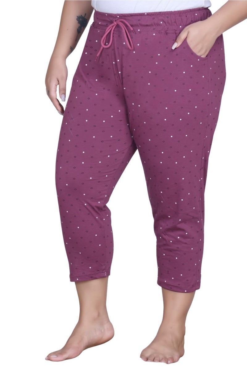 CUPID Cotton Printed Plus Size Half Pant, 3/4th Sports n Casual Night Short Pant, Knee Length Indoor n Outdoor Capris for Girls Mauve - Image 1