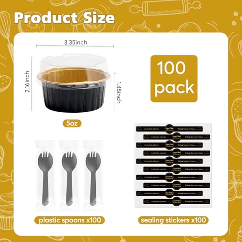 Ruckae 5oz 100 PCS Round Mini Loaf Pans with LidsMini Cake Pans with LidsDisposable Aluminum Foil Ramekins Baking Cups for Birthday Party Weddings Black Gold 5oz - Image 3