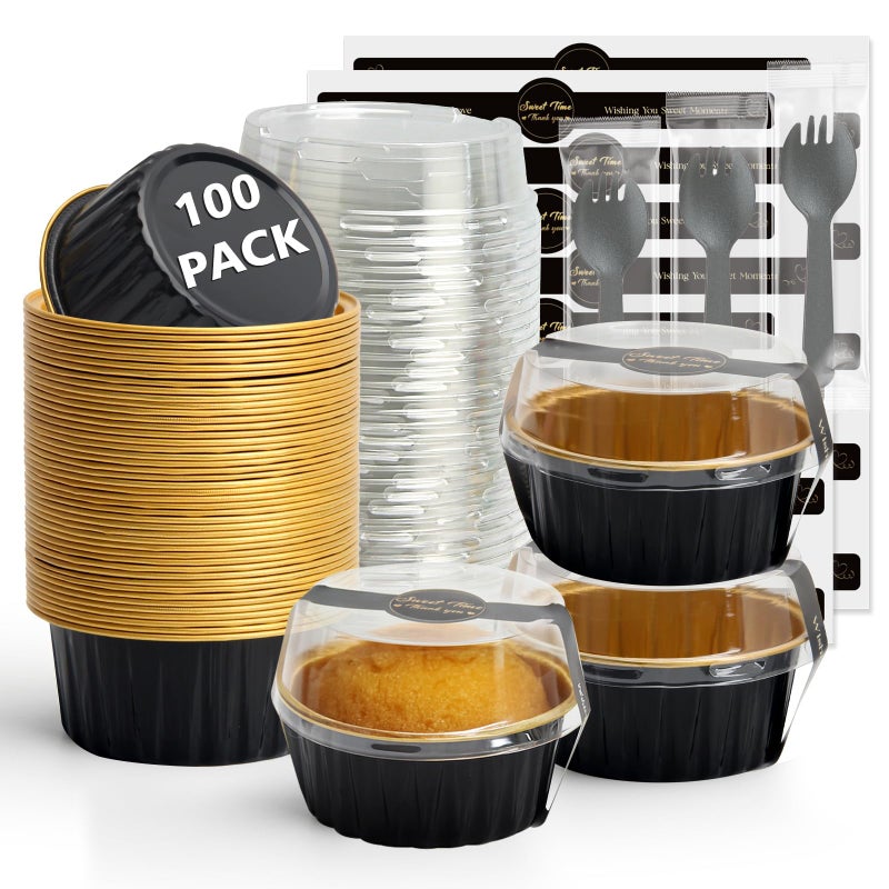 Ruckae 5oz 100 PCS Round Mini Loaf Pans with LidsMini Cake Pans with LidsDisposable Aluminum Foil Ramekins Baking Cups for Birthday Party Weddings Black Gold 5oz - Image 2