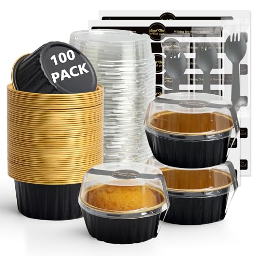 Ruckae 5oz 100 PCS Round Mini Loaf Pans with LidsMini Cake Pans with LidsDisposable Aluminum Foil Ramekins Baking Cups for Birthday Party Weddings Black Gold 5oz - Image 1