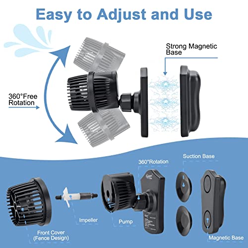 hygger 2100 GPH Aquarium Wave Maker Pump with Strong Magnetic Suction Base Ultraquiet 360 Degree Rotating Submersible Power Head for 75130 Gal Freshwater Saltwater Tank - Image 3