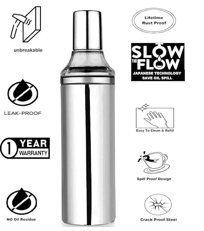 Vipron Stainless Steel Oil Dispenser Bottle 1 Litre (1000ml) – Leakproof Airtight Oil Pourer, Food Grade Kitchen Oil Container for Cooking, Vinegar & Sauce, Silver (Without Handle) - Image 3