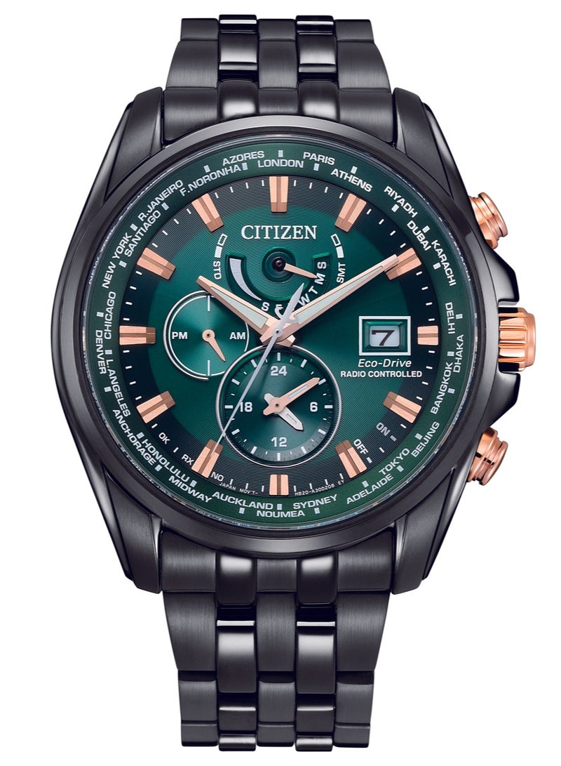 Citizen GMT Perpetual Alarm World Time AT9128-87X Eco-Drive Men's Watch – Green Dial, Black Stainless Steel, 44.3mm, 200m WR - Image 1