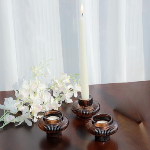 VOHO Brown Candlestick Holders Set of 6, Old Fashioned Candle Sticks Holder Decor for Daily Room/Halloween/Thanksgiving Party, Double Side Taper Candle Holders for Candlesticks/Tealight Candles(Brown) - Image 3