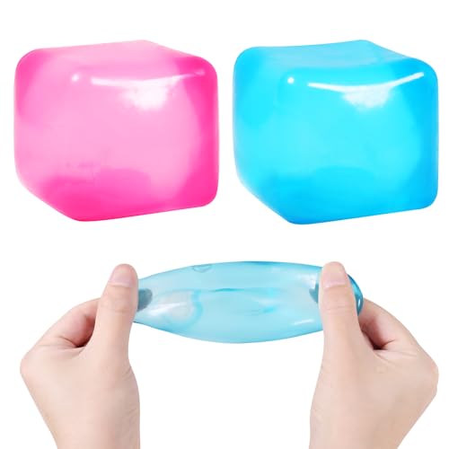 JIACAI 2pack Stress Cube Squishy Stress Balls for Kids Ice Cubes Squishy for Adults Fidget Toy for Your Best Mellow and Chill Square Shape with Filling in Pink Blue for All Age 2pcs - Image 1