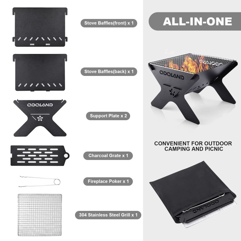 Odoland Camping Campfire Grill, Portable Folding Charcoal Grills, Backpacking BBQ Grill, Heavy Duty Firepit with Carry Bag for Outdoor Cooking, Bonfire, Patio, Backyard - Image 2