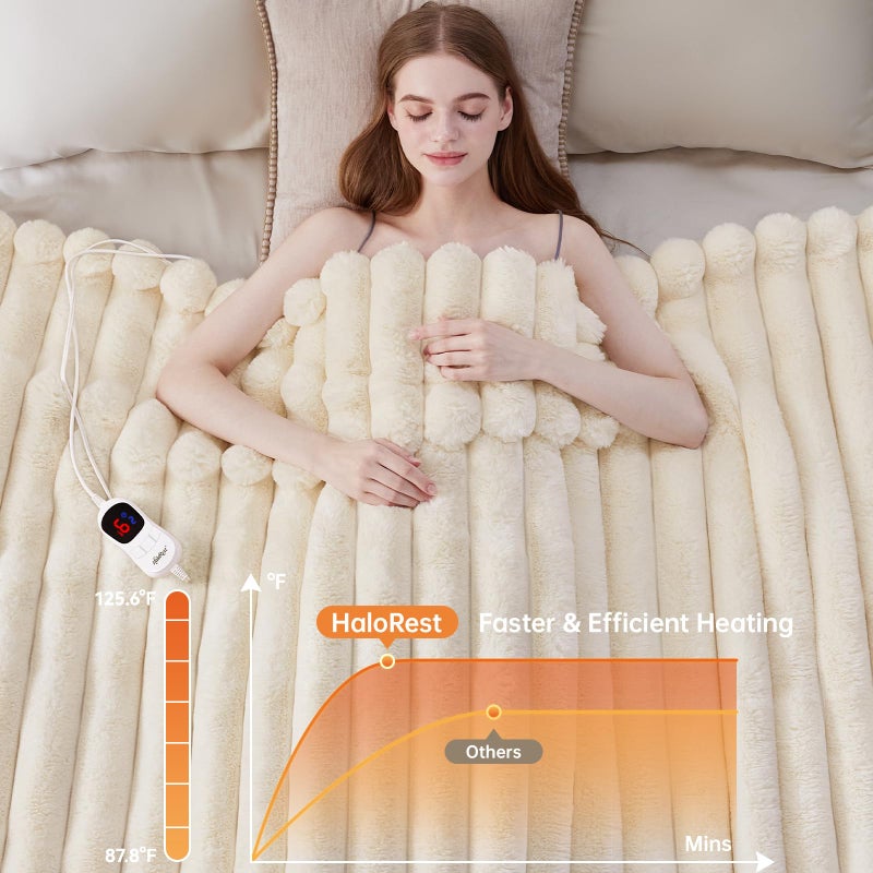 HaloRest Heated Throw Blanket, Faux Fur Cozy Heating Blanket with Overheat Protection, 1/2/4/6/8 Hours Auto-Off 10 Heat Level, Machine Washable (50x60 Inches, Cream White) - Image 4