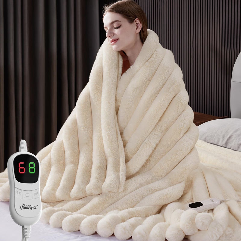 HaloRest Heated Throw Blanket, Faux Fur Cozy Heating Blanket with Overheat Protection, 1/2/4/6/8 Hours Auto-Off 10 Heat Level, Machine Washable (50x60 Inches, Cream White) - Image 1