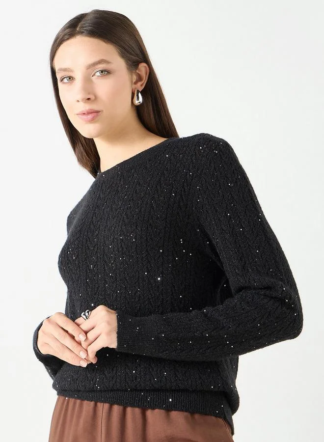 Iconic Textured Sweater with Round Neck and Long Sleeves