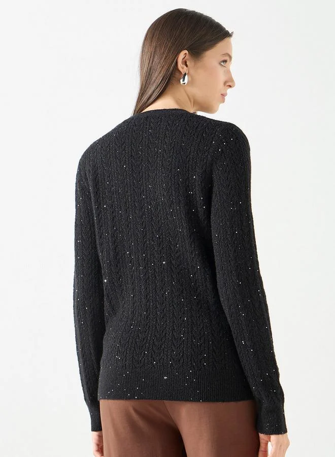Iconic  Iconic Textured Sweater with Round Neck and Long Sleeves for Women | Best Price UAE