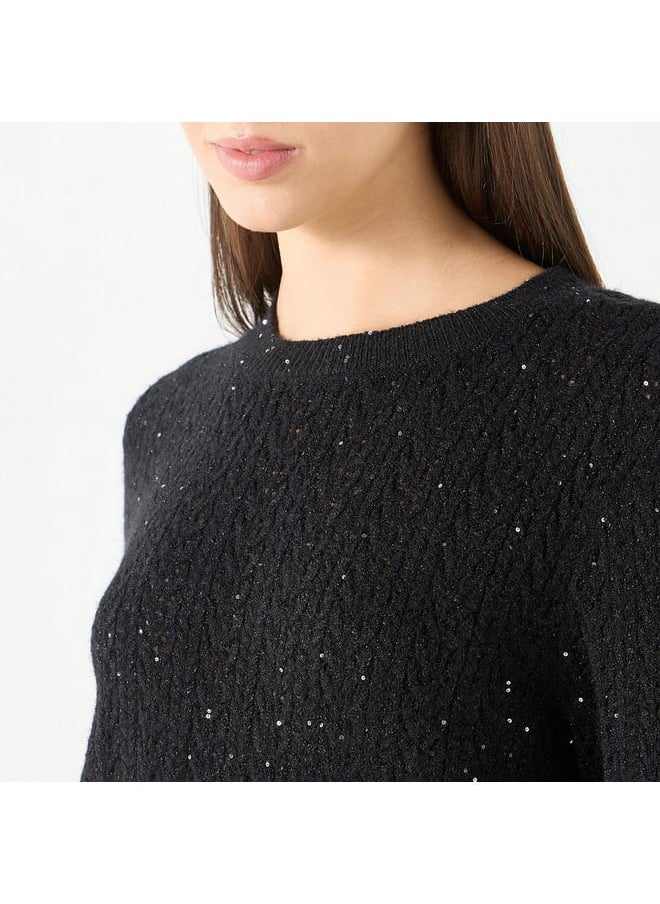 Iconic Iconic Textured Sweater with Round Neck and Long Sleeves  - Image 4