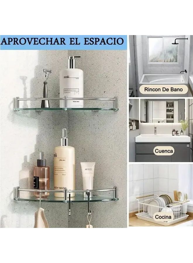 Single Layer Glass Corner Shelf Stainless Steel Wall Mounted Bathroom Storage Rack - Image 5
