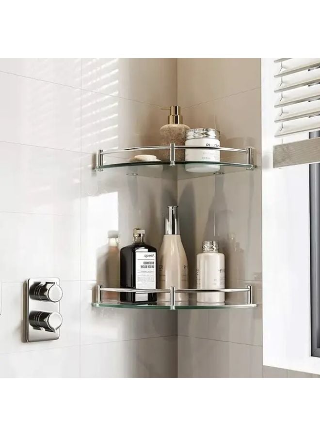 Single Layer Glass Corner Shelf Stainless Steel Wall Mounted Bathroom Storage Rack - Image 3