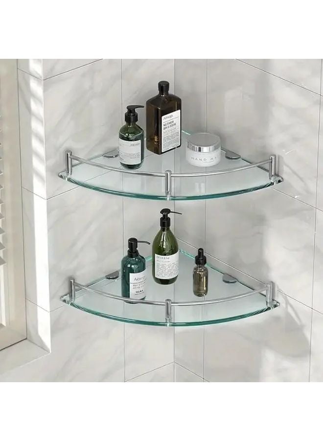 Single Layer Glass Corner Shelf Stainless Steel Wall Mounted Bathroom Storage Rack - Image 2