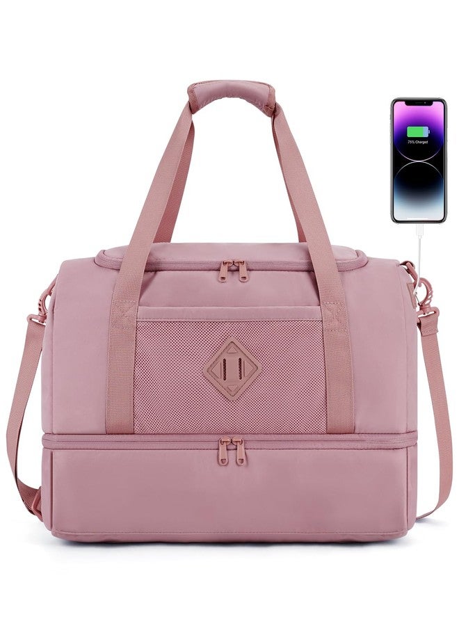 WANDF Travel Duffel Bag with Wet Pocket & Shoe Compartment, Personal Item Bag with USB Charging Port, Gym Weekender Overnight for Women, Pink, Compact Travel Bag With Ventilated Shoe Compartment and Wet - Image 1