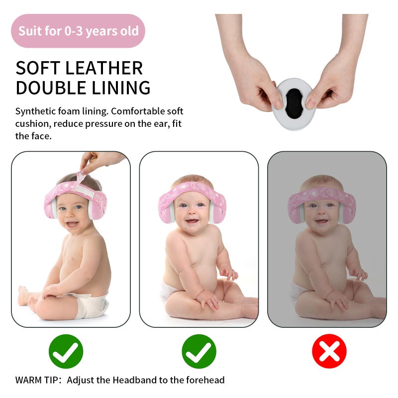 LYSIAN Pink Baby Ear Muffs Noise Cancelling with Elastic Headband, Baby Headphones Earmuffs for Infant Hearing Protection Sleeping, Nap, Travel, Games, Festival - Image 3