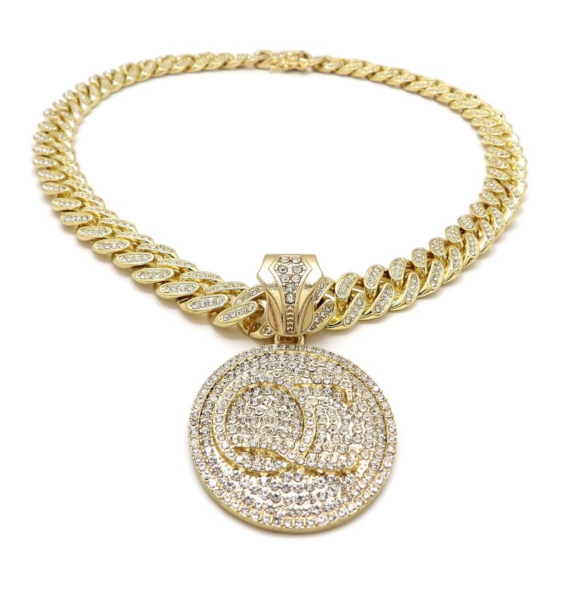 BLINGFACTORY Men Hip Hop QC Quality Control Pendant & 12mm 18in Full Iced Box Lock Cuban Chain Necklace - Image 1
