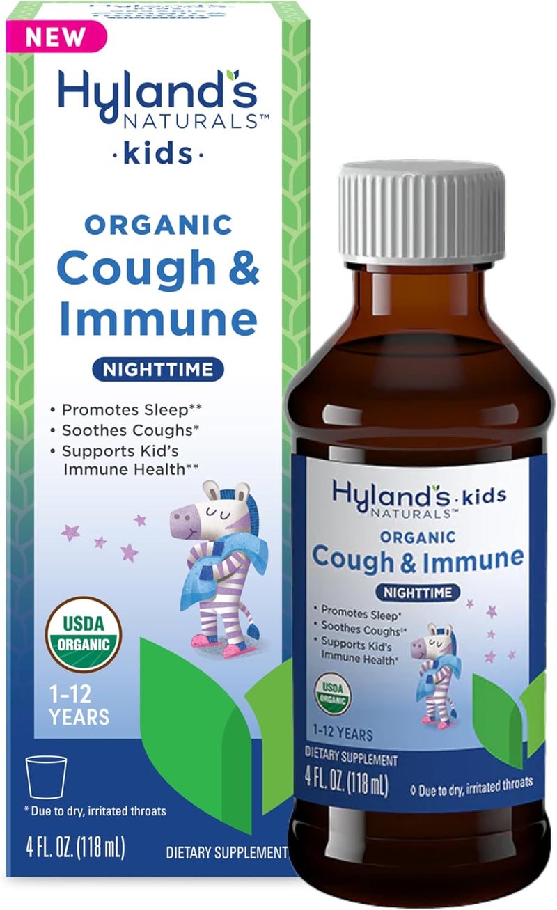Hyland's Kids Nighttime Organic Cough Syrup and Immune Support with Agave, Elderberry and Pomegranate, Soothes Cough, and Supports Immunity, 4 Fl. Oz.