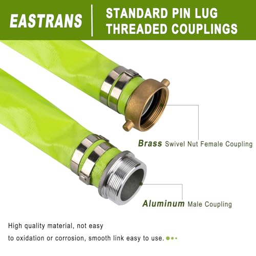 Eastrans 2" x 50' Green PVC Backwash and Discharge Hose for Swimming Pools, Heavy Duty Reinforced Flat Pool Hose with Aluminum Pin Lug Fittings - Image 3