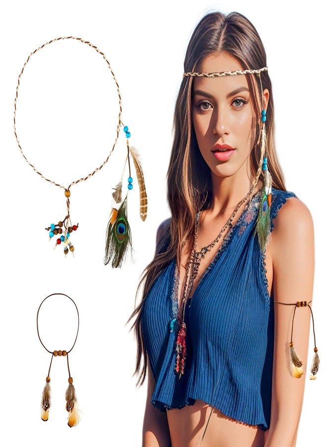 DOCILA Feather Headband Wrist Bands Set Women Boho 60s 70s Outfits Hippie Hairband Bracelets Indian Pocahontas Costume Hair Accessories - Image 1