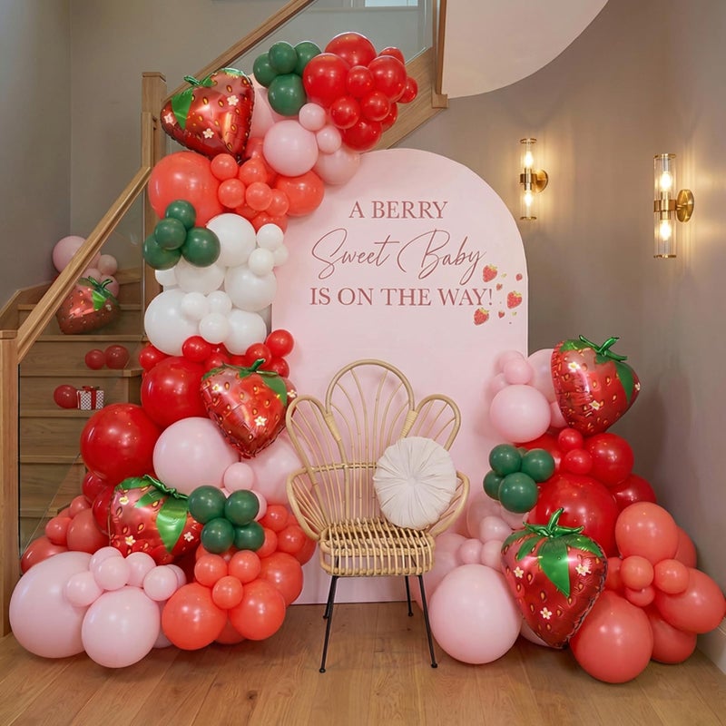 kozee Red Pink Green Strawberry Balloon garland arch kit 130pcs with large mylar berry balloon for Sweet One baby girl fruit theme Berry first 1st Birthday Party Decorations - Image 1