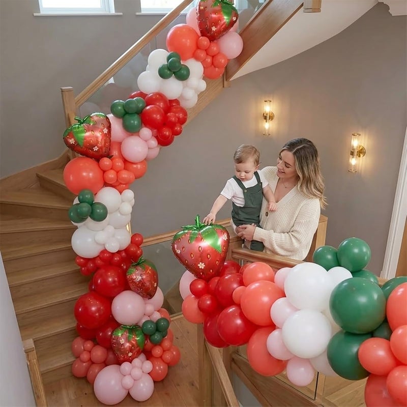 kozee Red Pink Green Strawberry Balloon garland arch kit 130pcs with large mylar berry balloon for Sweet One baby girl fruit theme Berry first 1st Birthday Party Decorations - Image 3