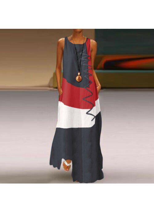 Generic - Sell Fast New Vintage Printed Dress Womens S-shaped Neck Without Sleeves Summer Dress Pockets Dark gray - Image 1