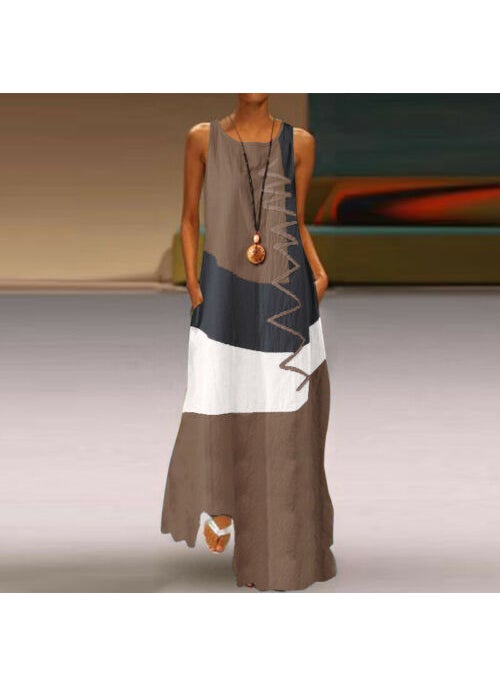 Generic - Sell Fast New Vintage Printed Dress Womens S-shaped Neck Without Sleeves Summer Dress Pockets Dark gray - Image 1