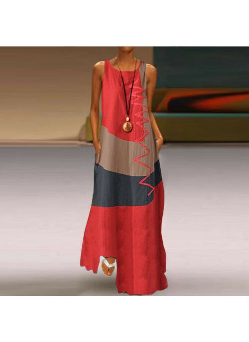 Generic - Sell Fast New Vintage Printed Dress Womens S-shaped Neck Without Sleeves Summer Dress Pockets Dark gray - Image 1