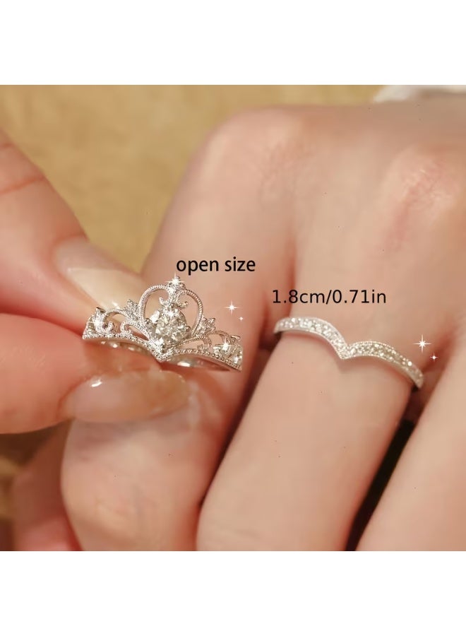 aeen Crown Princess Wedding Ring Set | 2pcs Open Minimalist Rings | Elegant Index Finger Couple Adjustable Rings Gifts Jewelry for Mother, Daughter, Wife, Teens & Friends - Image 4