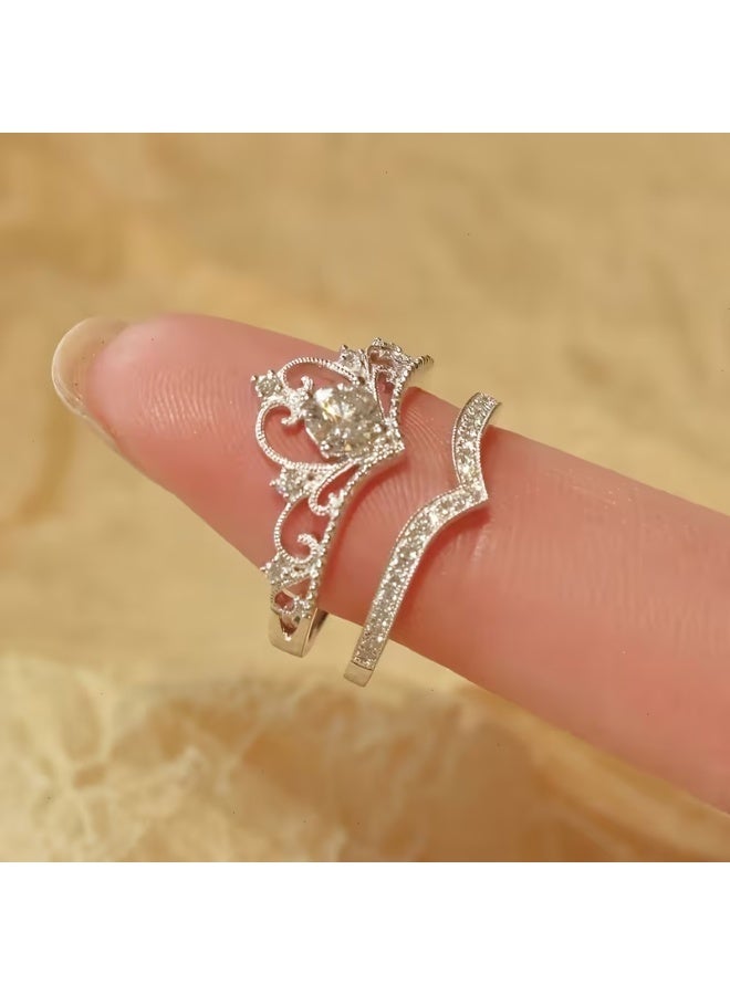 aeen Crown Princess Wedding Ring Set | 2pcs Open Minimalist Rings | Elegant Index Finger Couple Adjustable Rings Gifts Jewelry for Mother, Daughter, Wife, Teens & Friends - Image 2