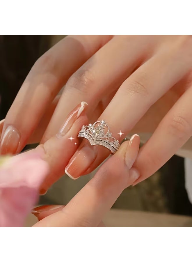 aeen Crown Princess Wedding Ring Set | 2pcs Open Minimalist Rings | Elegant Index Finger Couple Adjustable Rings Gifts Jewelry for Mother, Daughter, Wife, Teens & Friends - Image 3