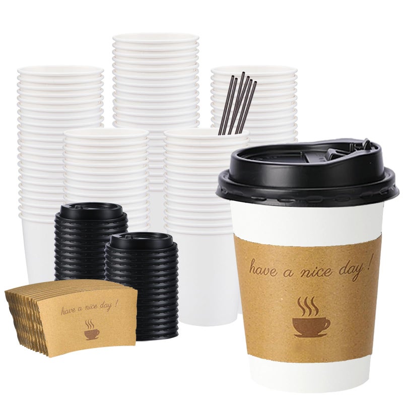 BYSNOW 100 pack 12 oz Disposable Thickened Coffee Cups with Lids, Scald Resistant Hot Cup with Sleeve and Straw, To Go Coffee Cups for Home, Office, Cafes and Party (White 12oz) - Image 1
