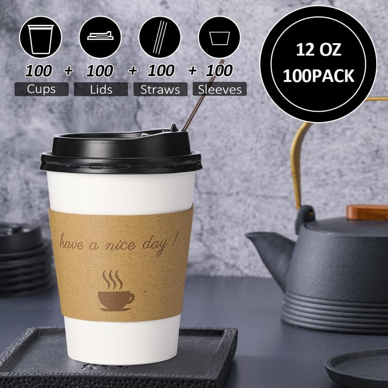 BYSNOW 100 pack 12 oz Disposable Thickened Coffee Cups with Lids, Scald Resistant Hot Cup with Sleeve and Straw, To Go Coffee Cups for Home, Office, Cafes and Party (White 12oz) - Image 4