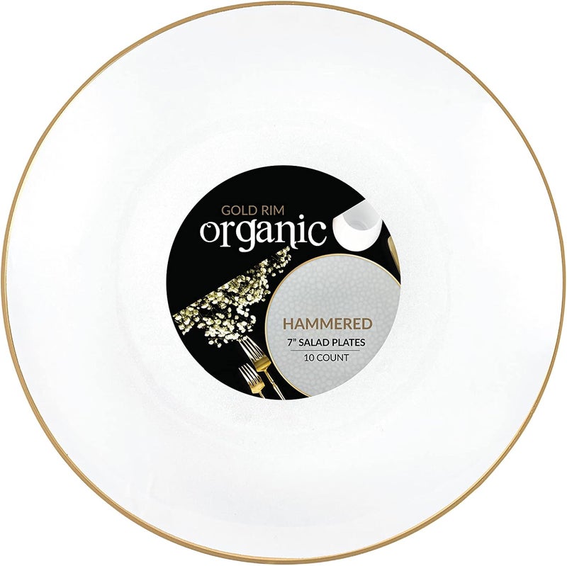PLASTICPRO 30 Pack Hammered Plastic Plates Heavyweight Disposable Plastic Plates Elegant Transparent White Hammered Gold Rim Platsic Party Dishes (Transparent White With Gold Rim, 7'' INCH PLATES) - Image 1