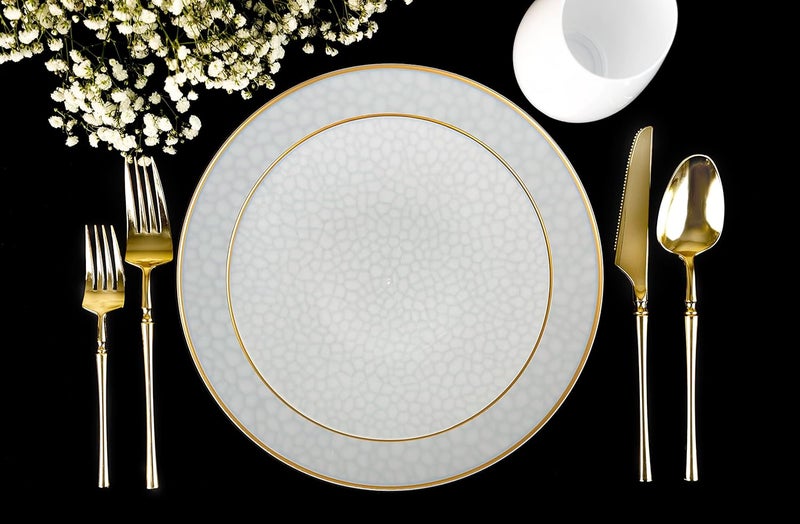 PLASTICPRO 30 Pack Hammered Plastic Plates Heavyweight Disposable Plastic Plates Elegant Transparent White Hammered Gold Rim Platsic Party Dishes (Transparent White With Gold Rim, 7'' INCH PLATES) - Image 3